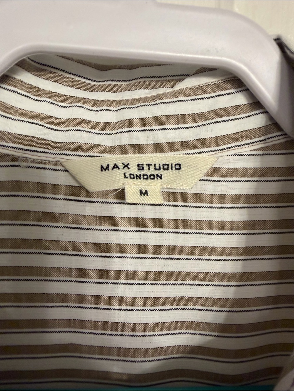 Max Studio Taupe and White Striped Button-Down Shirt - Picture 2 of 6